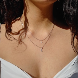 Sterling Silver Crescent Moon and Star Pendant Necklace, 925 Sterling Silver Layered Necklace, Adjustable CZ Celestial Necklace