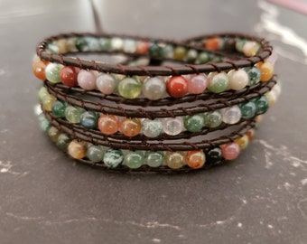 7 Chakras Leather Multi-Color Agate Stone Wrap Bracelet, Friendship Bracelet, 3 Strand Wrap Adjustable Length Agate Brown Leather Bracelet