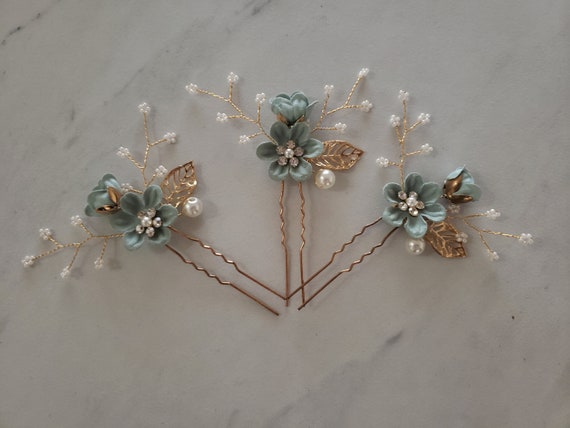 Pearl Flower Bridal Hair Pins, Seafoam Green Wedding Hair  display picture 3