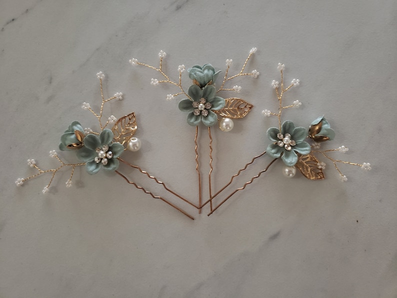 Pearl Crystal Flower Wedding Hair Pins Bridal Hair Pins Hair Jewelry Hair Vine Wedding Hair Accessory,Sea Foam Green and Gold Hair Pieces