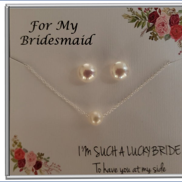 Conjunto personalizado de collar y pendientes de perlas para damas de honor, plata de ley