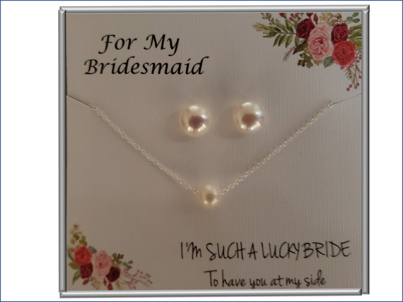 Bridesmaid Gift Set, Flower Girl Gift, Personalized Pearl Necklace & Earrings Set, Single Pearl Choker, Sterling Silver, Customized Card image 1
