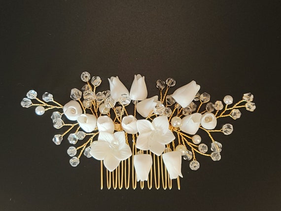 Handmade Wedding Hair Comb & Pins Set with Crystals & Ceramic Flowers Wedding Hair Accessories Gold Ceramic Flowers Bridal Hair  main image 3
