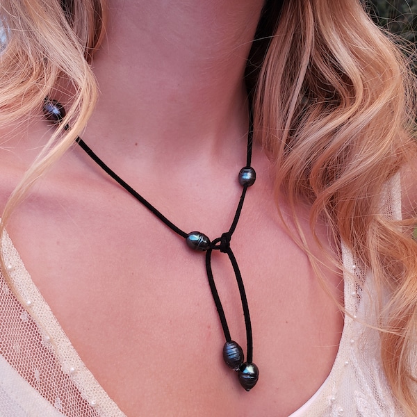 Leather & Pearl Choker Summer Jewelry Black Freshwater Pearl Black Suede Lariat Infinity Necklace Bracelet Anklet Adjustable Gift For Her