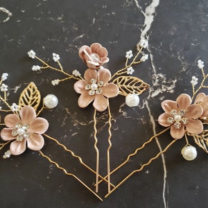 Bridal Hair Pins Pearl Crystal Flower Wedding Hair Pin Hair Jewelry Hair Vine Wedding Hair Accessory Blue and Gold Hair Piece Something Blue Dusty Pink