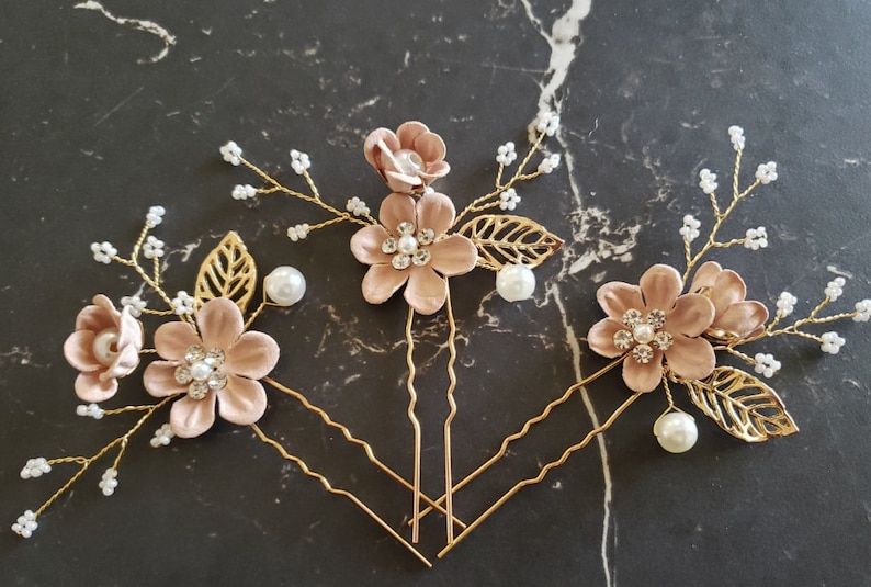 Bridal Hair Pins Pearl Crystal Flower Wedding Hair Pin Hair Jewelry Hair Vine Wedding Hair Accessory Blue and Gold Hair Piece Something Blue Dusty Pink