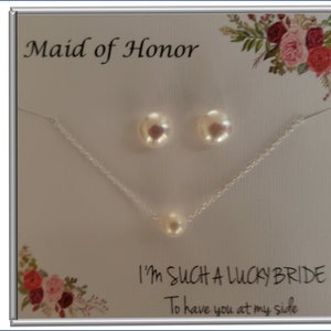 Bridesmaid Gift Set, Flower Girl Gift, Personalized Pearl Necklace & Earrings Set, Single Pearl Choker, Sterling Silver, Customized Card image 7