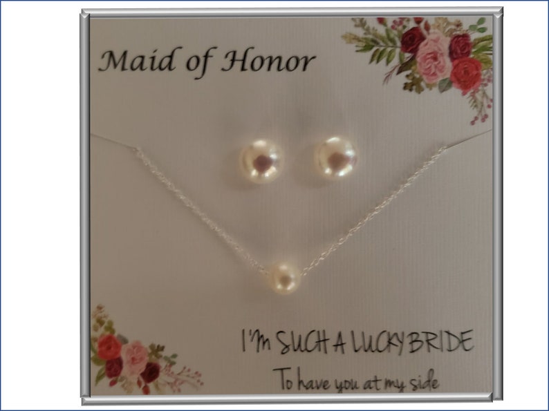 Bridesmaid Gift Set, Flower Girl Gift, Personalized Pearl Necklace & Earrings Set, Single Pearl Choker, Sterling Silver, Customized Card image 7