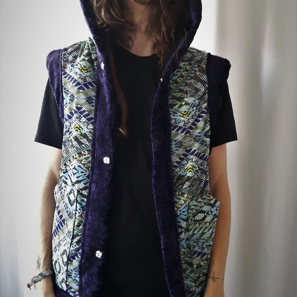 Street wear vest/Festival Love Vest/Tribal Clothing/Faux Fur hoodie Vest/Burning Man gear/Unisex psy Vest/Psychedelic Vest/MADE TO ORDER