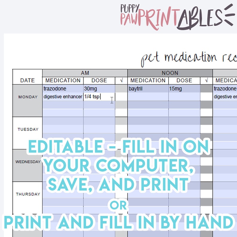 Pet Care Printable Medication Record and Tracker - Four Editable and ...