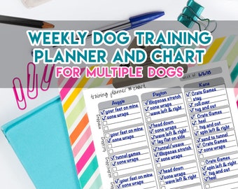 Afdrukbare planner hondentraining, wekelijkse trainingsplanner en trackinggrafiek voor meerdere honden! Direct downloaden, 8,5x11 PDF, hondentrainingsplan