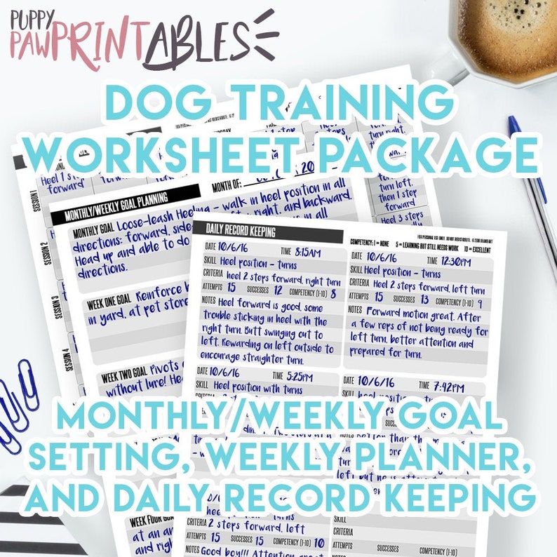 Printable Dog Training Planner and Record Keeping Worksheets! Instant Download PDF Dog Training Plan, Training Log, Training Chart