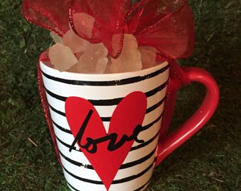 Four ounces of Champagne  and Rose' Gummy Bears in a adorable valentine's day mug