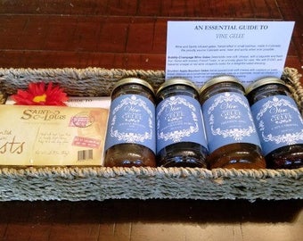 Farm to Table gourmet wine and spirts infused jelly Gift Basket with serving suggestions. Flat rate ship. box is best postage rate is best.