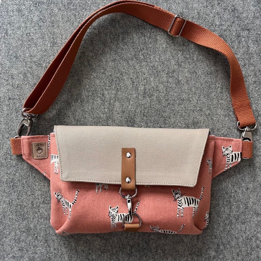 Taupe Haralson Belt Bag Featuring Tiger Stripes in Peach, Fanny Pack