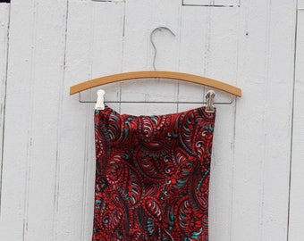 1980s bold paisley scarf, black with red, teal, and gray, long, rectangular scarf, synthetic