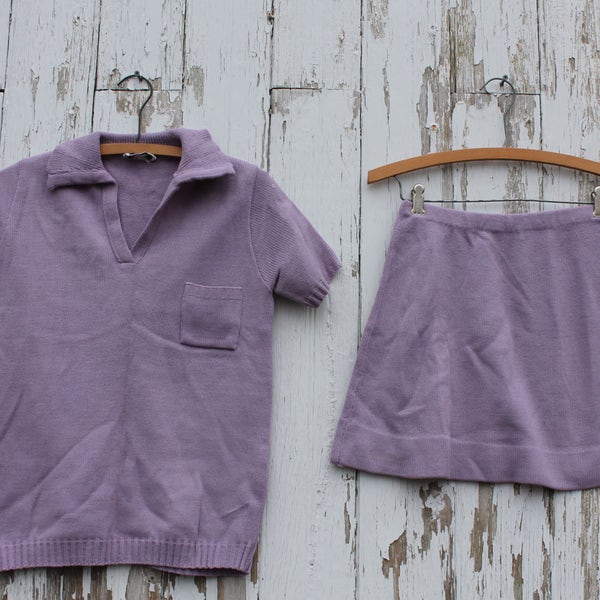 Light purple knit polo shirt and miniskirt outfit, stretchy, golf set, Now Knits, union made, small, lavender, lilac, one pocket