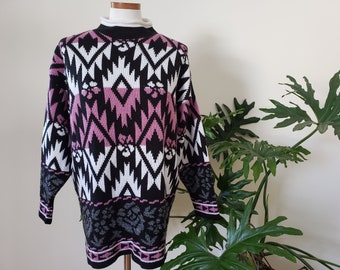 1980s geometric and floral pullover knit sweater, black, pink, white, and grey, Spasso brand, midsize