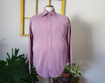 1970s mauve long sleeve oxford shirt, button up, long pointed collar, white buttons, Martell brand, triacetate nylon blend, dusty pink