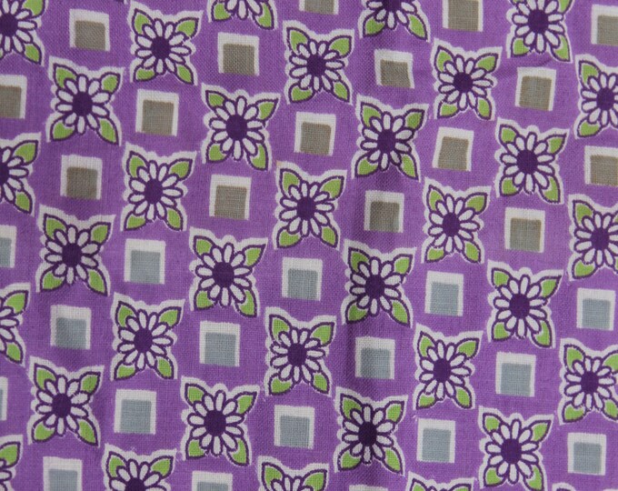 Purple, Green, and White Geometric Floral Cotton Fabric Nearly One Yard