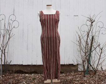 Brick red, brown, and white striped dress sleeveless sundress, side slit, square neck, v back, 1990s, medium, Elisse Jr., american vintage