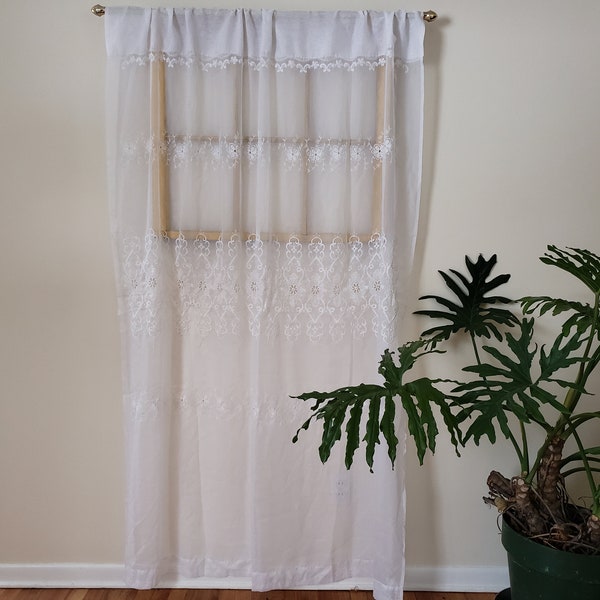 1980s floor length white on white cut out embroidered sheer curtain, floral pattern, polyester