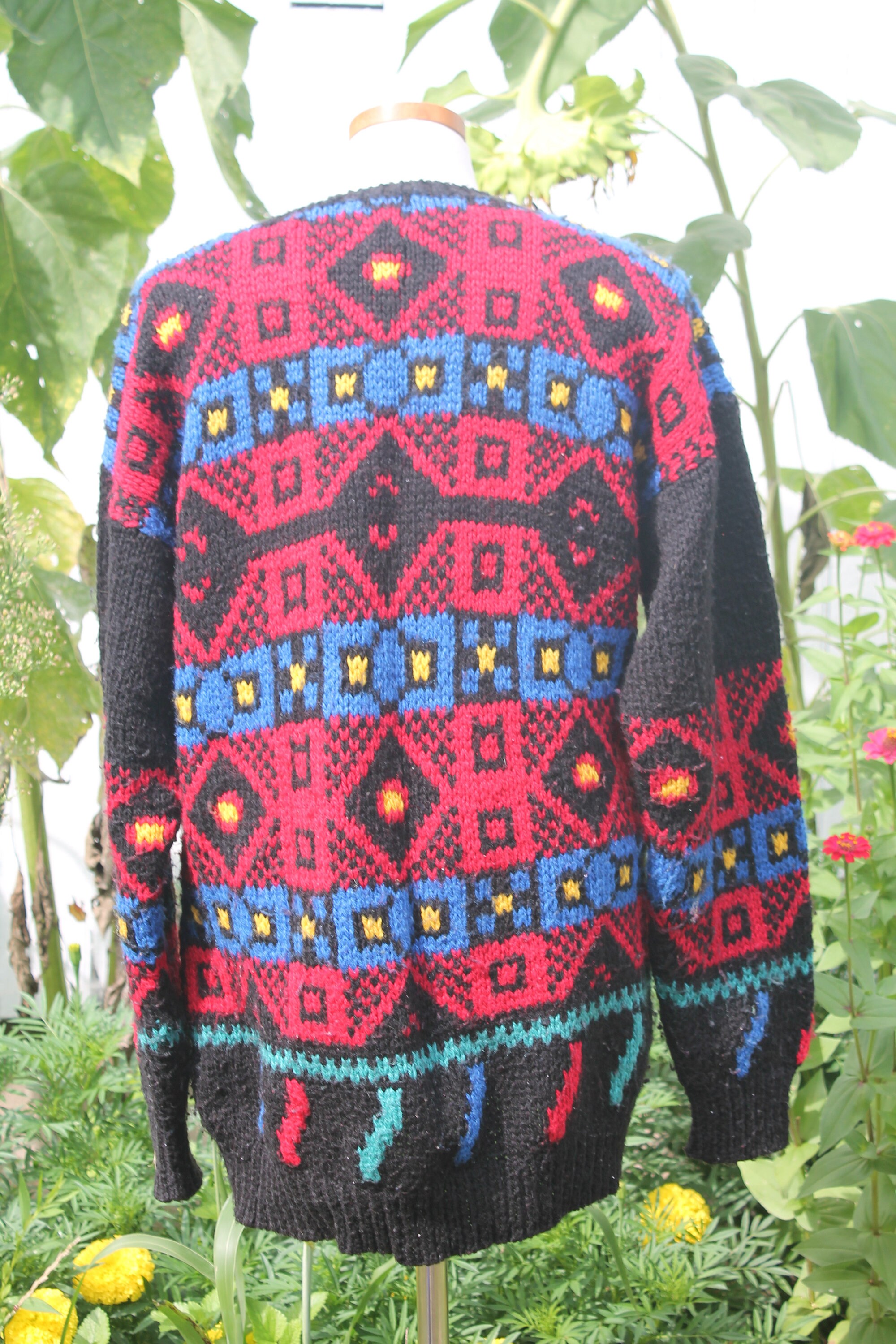 1980s Bold Geometric Handknit Sweater Black With Red and Blue - Etsy
