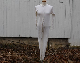 1960s white waffle knit union suit, cotton polyester blend, long sleeve, medium, long underwear