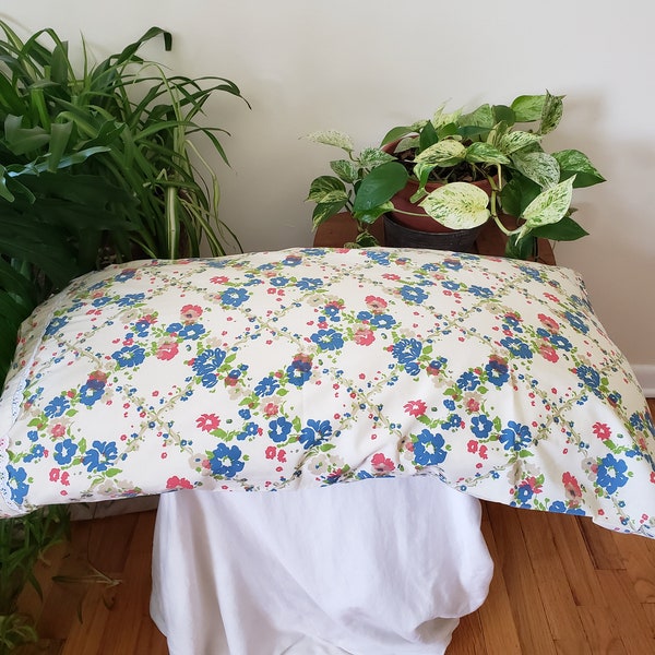 1970s floral king size pillowcase with lace, red blue beight and green on ecru