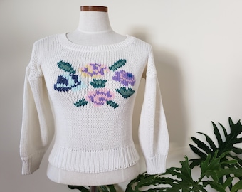 1980s three quarter sleeve knit crop sweater, white with pink, purple, blue roses on front, baggy sleeve, medium, drop shoulder, korea