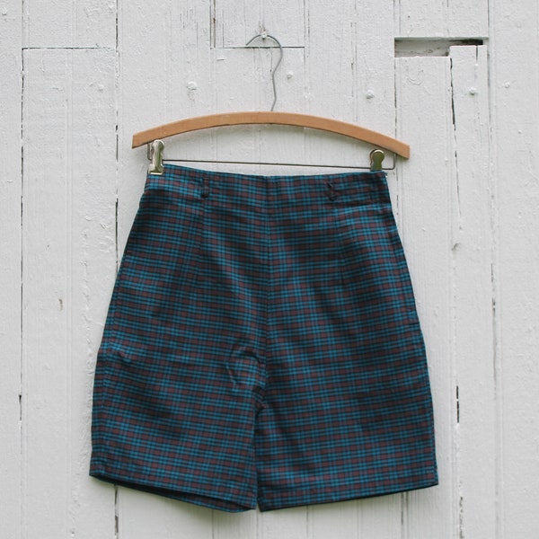 1960s high waist plaid shorts, blue, brown, and black belt loops, small, cotton, unisex shorts