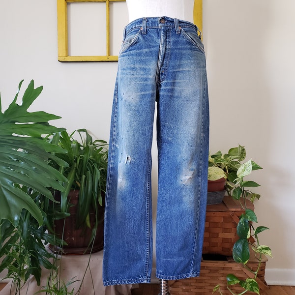 1980s slightly distressed levi strauss & co jeans, medium blue, rips and paint, 33 30, dad jeans, boyfriend jeans, medium, pockets