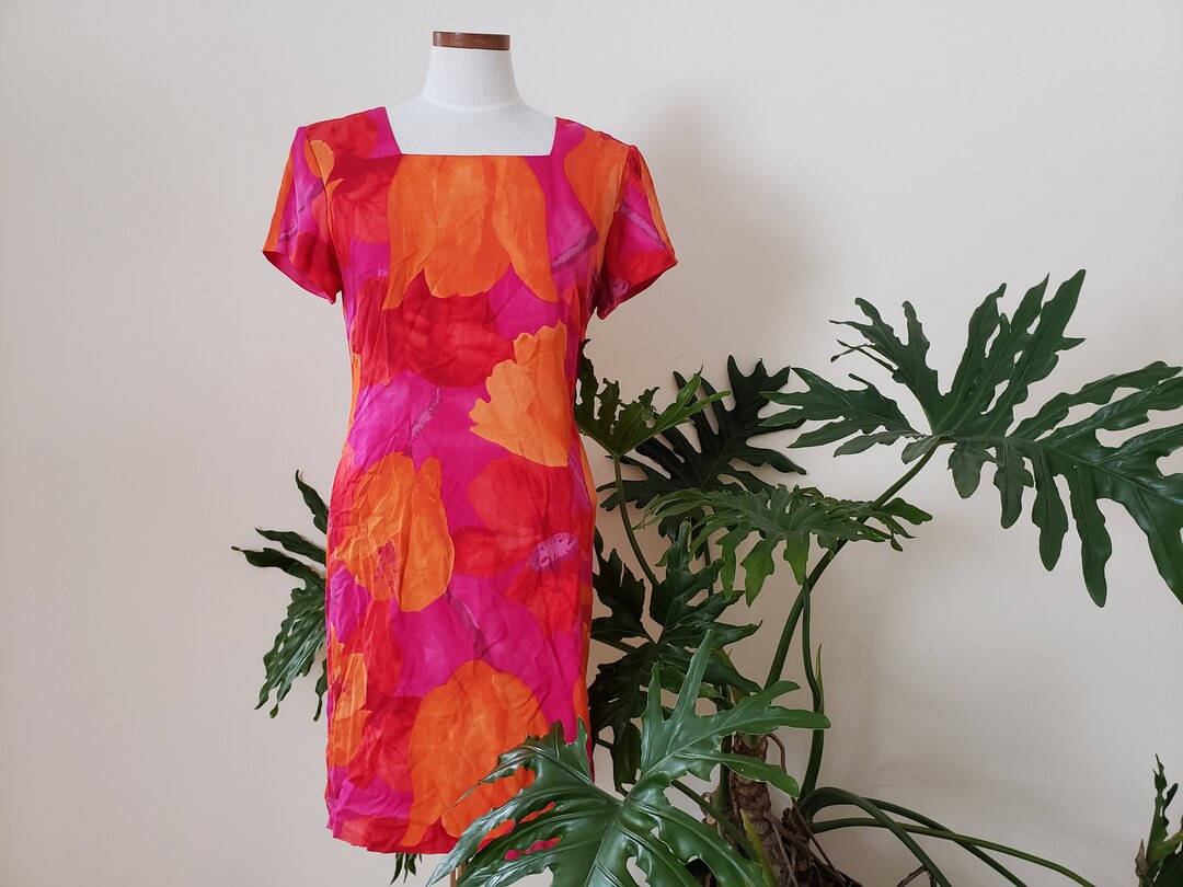 1980s Short Sleeve Midi Dress Pink With Orange and Red - Etsy