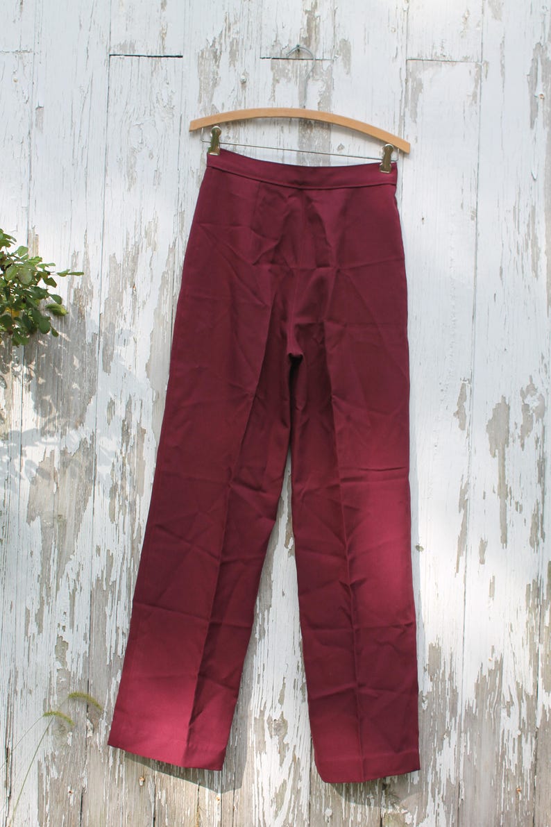 1970s handmade vintage high waist, wide straight leg maroon dress pants, small, dark red image 4