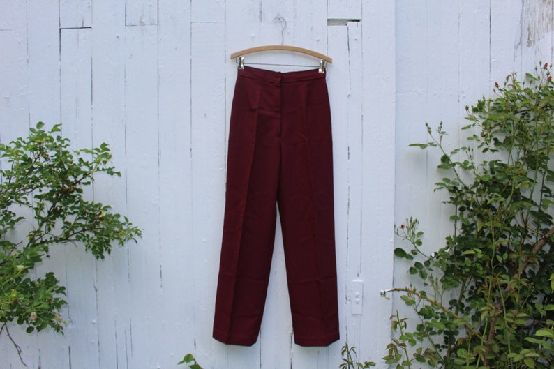 1970s handmade vintage high waist, wide straight leg maroon dress pants, small, dark red image 1