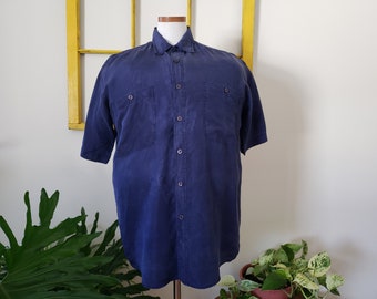 1990s silk short sleeve button up shirt, two pockets, medium large, dark blue, midsize vintage, dress shirt