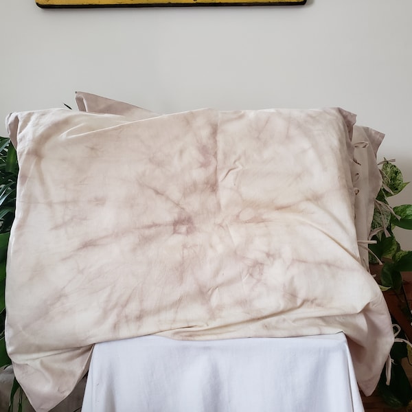 Overdyed set of two vintage cotton pillowcases with bows, brown tie dye, onion skins