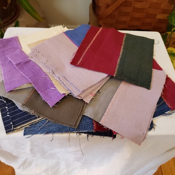 Assorted upcycled 6" square patchwork fabric pieces, multicolored, corduroy, denim, striped