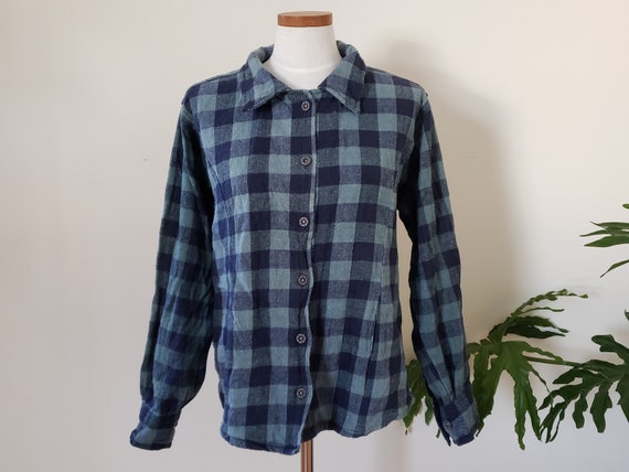 1990s cotton plaid light jacket, teal and dark bl… - image 1