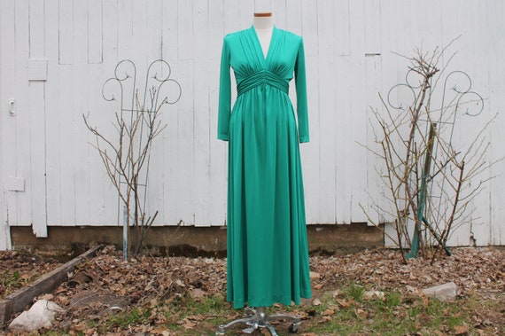 1970s metallic green long sleeve, floor length dre