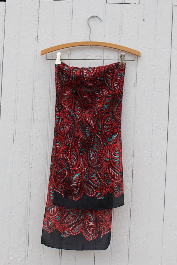 1980s bold paisley scarf, black with red, teal, an