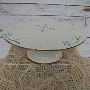 Handmade Cake Stand Ceramic ~ Dessert Stand~ Ivory White with Gold Trim ~ Creamy White Vintage ~ Blue Flowers ~ Decorated with Gold and Teal