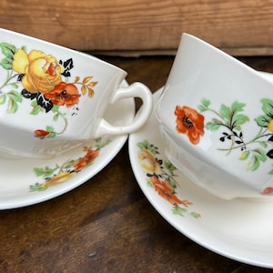Vintage HOMER LAUGHLIN Olivia~IVORA Red Poppy & Rose Teacup w Saucer Black Leaves~Orange Red Yellow Flower~Coffee Cup~ Country Farmhouse Two