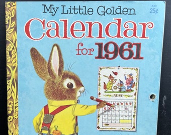 Vintage My Little Golden Calendar for 1961 |Year Round Fun Children's Blue Paperback Kids Illustrated Wall Calendar w Bunny| Richard Scarry