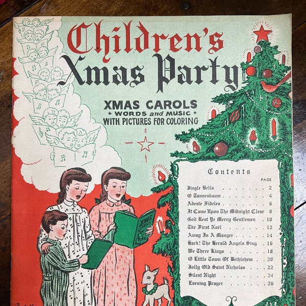 Vintage Children's Xmas Party Music Book ~ Words and Music with Pictures for Coloring~ Xmas Carols 1945~ Edward Schuberth & Co, NY