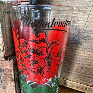 Vintage BOSCUL Rhododendron Peanut Butter Drinking Glass~ Standard Size 5" Red Flowers Black Center Green Leaves~ Spring Summer Wedding Gift