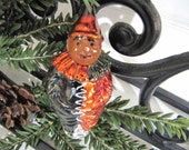Vintage German Glass Ornament Clown Jester Figural Christmas Decor Black Orange Tan w White Accents Hand Painted Winter Wedding Tree