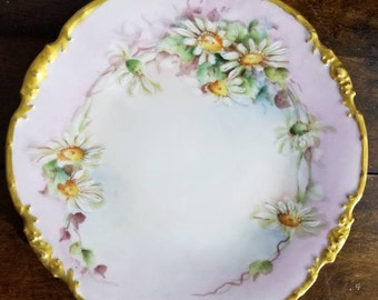 Antique Limoges France Superieur Plates Set of 4 Rare 1910s Arts and Crafts Motif Green Yellow Daisy on White Porcelain Dessert Plates