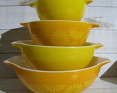 Vintage PYREX Sunflower Cinderella Bowl Set FOUR Bowls 441 442 443 444 Floral Orange Yellow Rustic Country Kitchen Decor Mixing Bowls