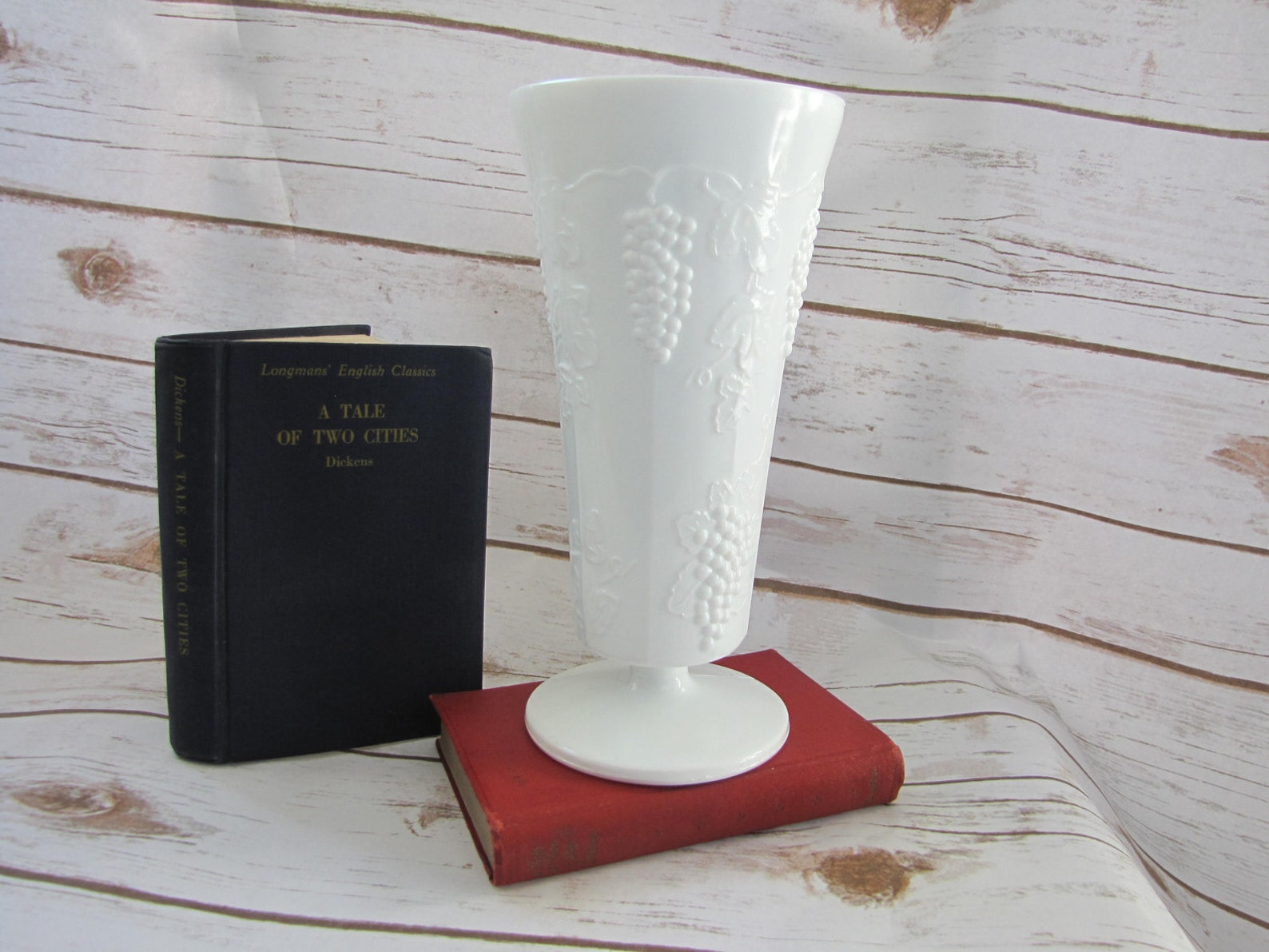 Milk Glass Large Vase Harvest Grapes and Leaves Milk Glass Etsy